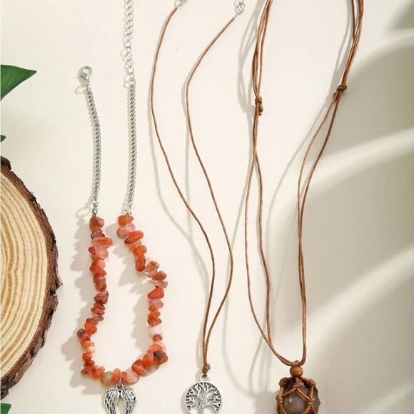 Brown & Silver Wing & Tree Of Life 3pc Stone Necklace Set - Picture 4 of 4